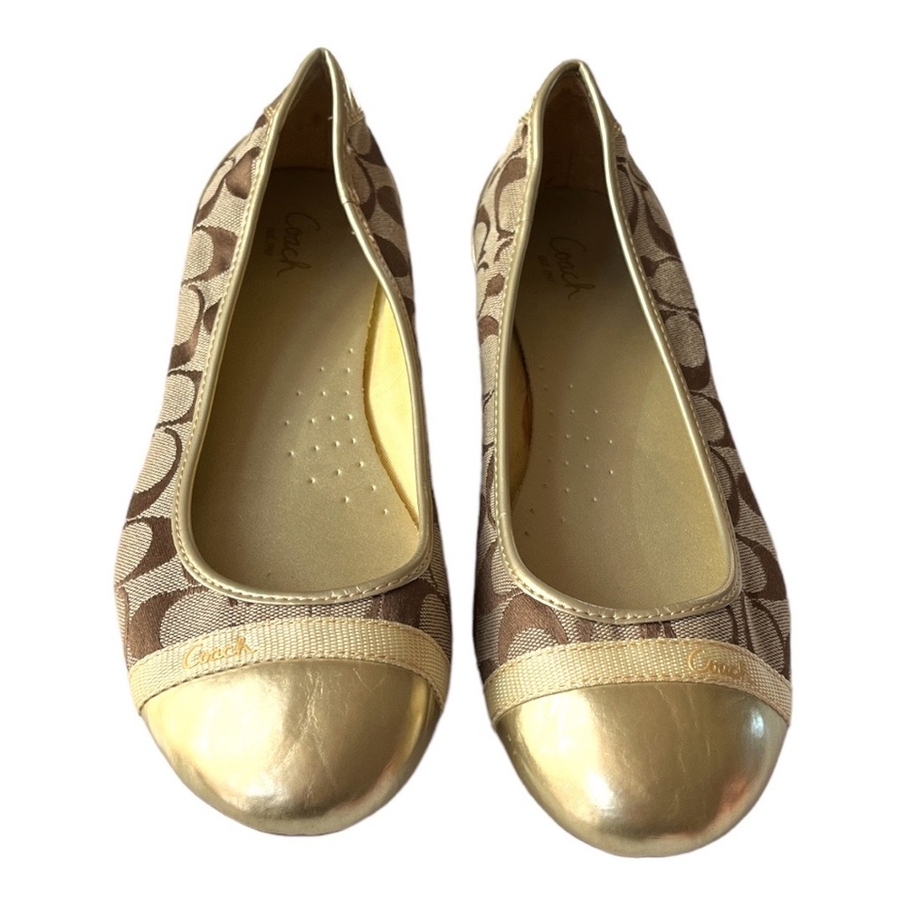 Coach Brown Signature Canvas Gold Cap-Toe Ballet Flats - Picture 2 of 11